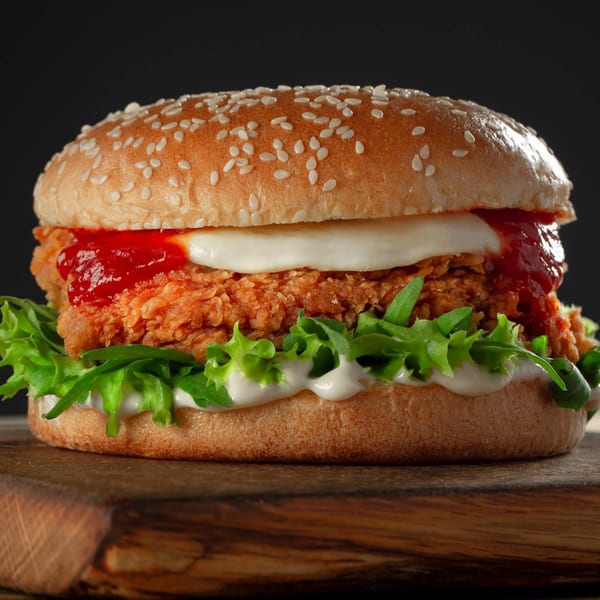Crispy fried chicken sandwich with lettuce, mayonnaise, and ketchup on a sesame seed bun.