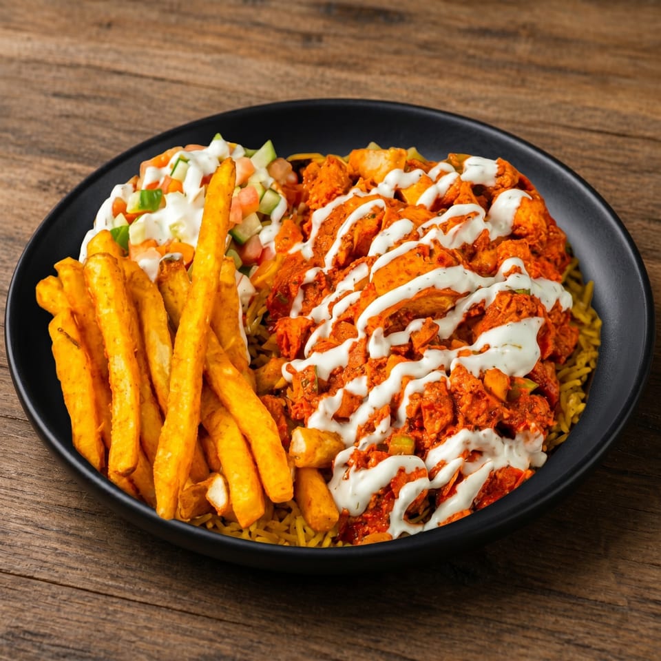 A black bowl filled with chicken tikka masala, yellow rice, french fries, and a side salad.