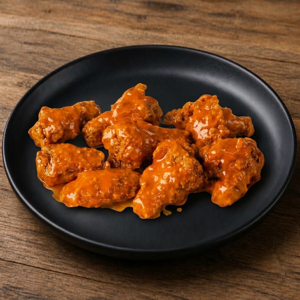 Nine saucy buffalo chicken wings on a black plate, resting on a rustic wooden table.