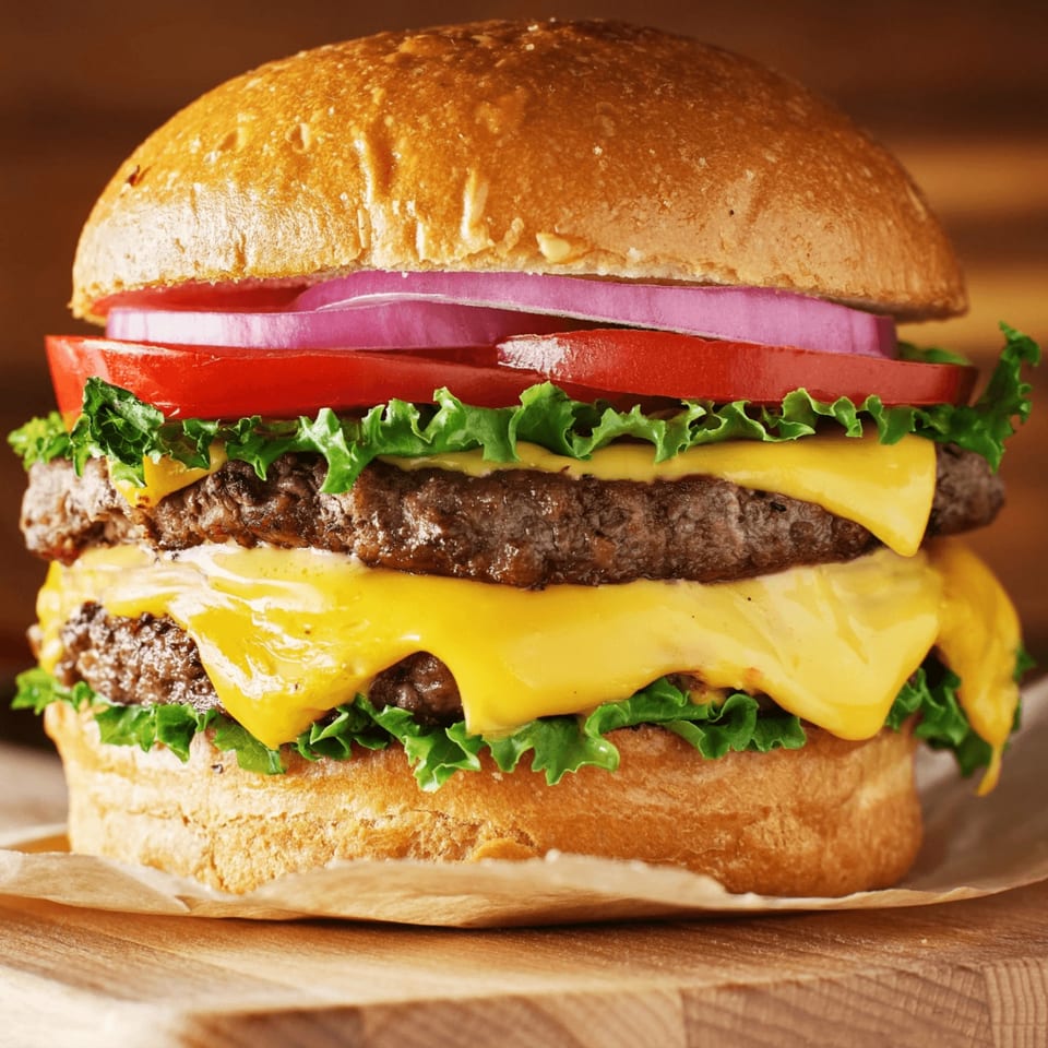 A double cheeseburger with lettuce, tomato, and red onion on a bun, on a wooden surface.